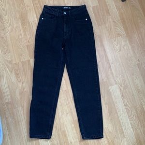 Black, high waisted, straight leg jeans